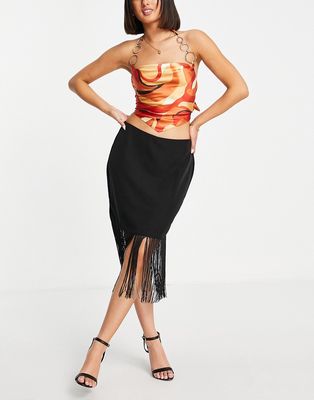 Vero Moda body-conscious tassel midi skirt in black