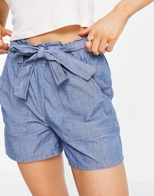 Vero Moda cotton blend chambray shorts with tie waist in blue-Blues