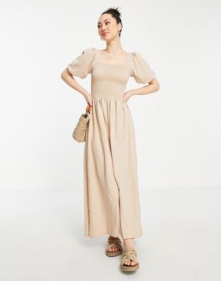 Vero Moda cotton shirred maxi dress with puff sleeves in beige - BEIGE-Neutral