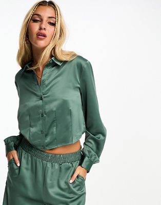 Vero Moda cropped satin shirt in green - part of a set