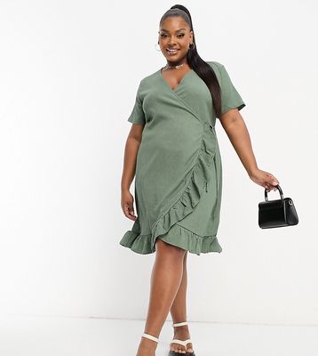 Vero Moda Curve frill wrap front mini dress in khaki-Green