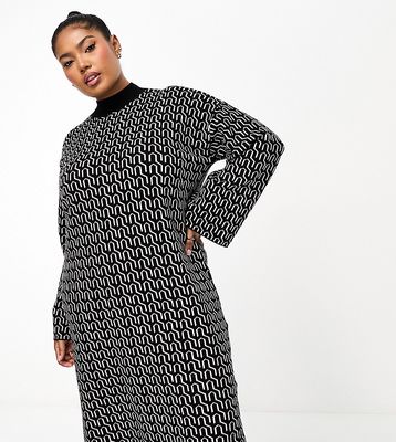 Vero Moda Curve geo knitted mini dress in mono-Black