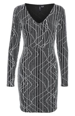 VERO MODA CURVE Metallic Long Sleeve Body-Con Cocktail Dress in Black Silver Lurex