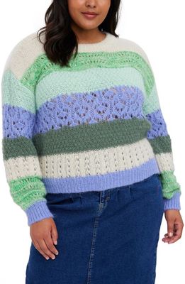 VERO MODA CURVE New Boho Stripe Sweater in Birch Detail Irish Green