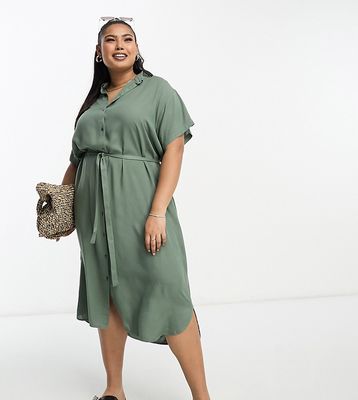 Vero Moda Curve shirt midi dress with tie belt in green