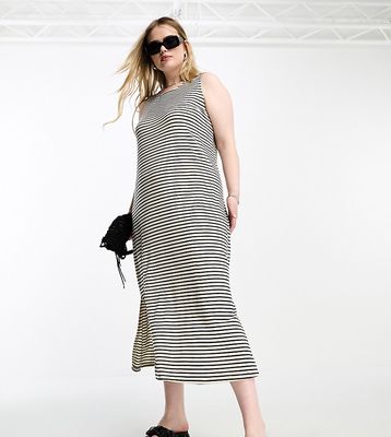 Vero Moda Curve sleeveless maxi dress in mono stripe-White