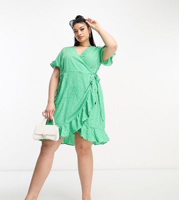Vero Moda Curve wrap mini dress in bright green dot print