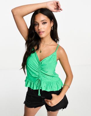 Vero Moda eyelet top with ruched front detail in green