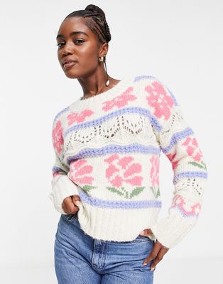 Vero Moda floral stripe sweater in cream-Multi