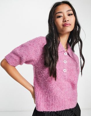Vero Moda fluffy button up knit top in pink