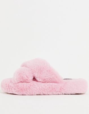 Vero Moda fluffy cross front slippers in candy pink