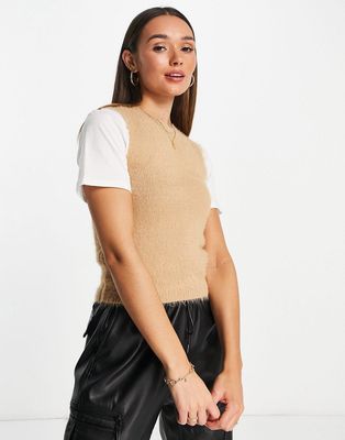 Vero Moda FRSH fluffy knitted vest in camel-Brown