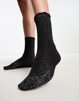 Vero Moda glitter sock with frill edge in black