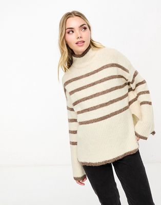 Vero Moda high neck oversized stripe sweater in cream and brown-White