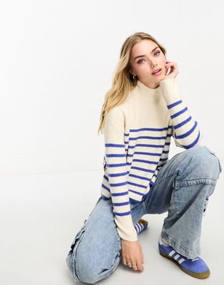 Vero Moda high neck stripe sweater in blue and white