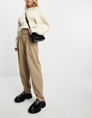Vero Moda high rise belted tapered pants in stone-Neutral