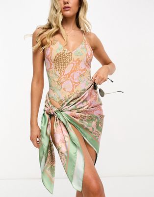 Vero Moda large satin sarong in pastel snake print-Neutral