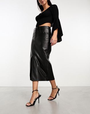 Vero Moda leather look midi skirt in black