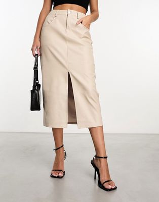 Vero Moda leather look midi skirt in stone-Neutral