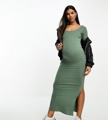 Vero Moda Maternity body-conscious midi dress with side splits in khaki-Green