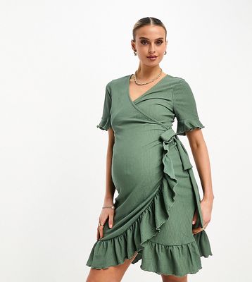 Vero Moda Maternity frill wrap front mini dress in khaki-Green