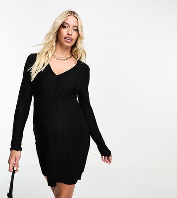 Vero Moda Maternity plisse long sleeve mini dress in black
