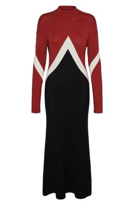 VERO MODA Nancy Colorblock Long Sleeve Maxi Sweater Dress in Red Ochre Detail Birch Blk