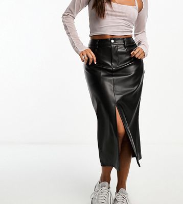 Vero Moda Petite leather look midi skirt in black