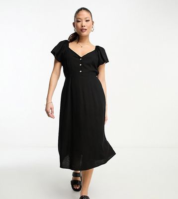 Vero Moda Petite linen touch flutter sleeve midi dress in black