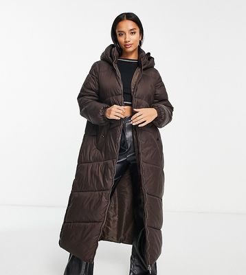 Vero Moda Petite padded maxi coat with hood in chocolate brown