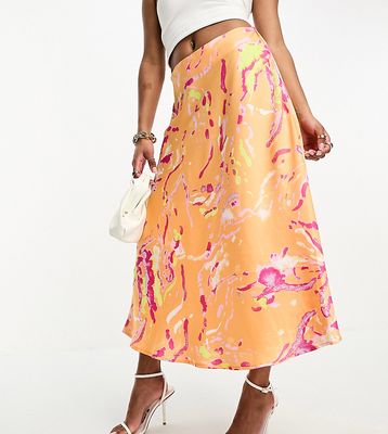 Vero Moda Petite satin midi skirt in orange abstract print