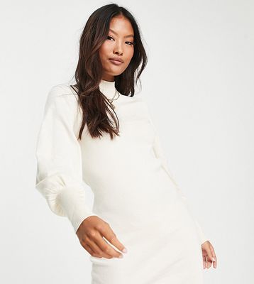 Vero Moda Petite volume sleeve mini sweater dress in cream-White