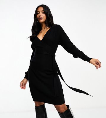 Vero Moda Petite wrap belted long sleeve knitted mini dress in black