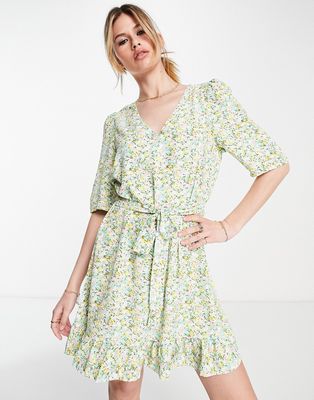 Vero Moda puff sleeve tie waist mini tea dress in floral print-Multi