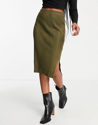 Vero Moda ribbed midi skirt with side split in khaki-Green