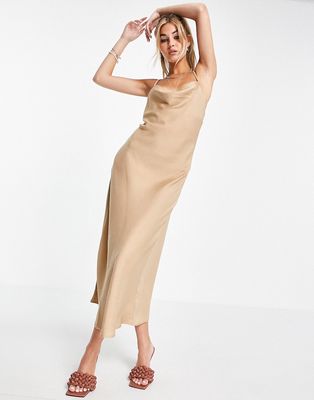 Vero Moda satin midi dress in beige-Neutral