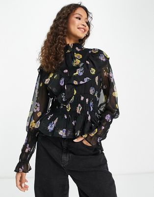 Vero Moda shirred blouse in floral print-Multi