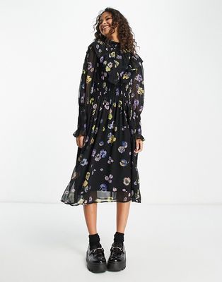 Vero Moda shirred detail midi dress in floral print-Multi