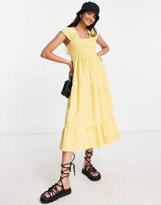 Vero Moda shirred midi dress in yellow