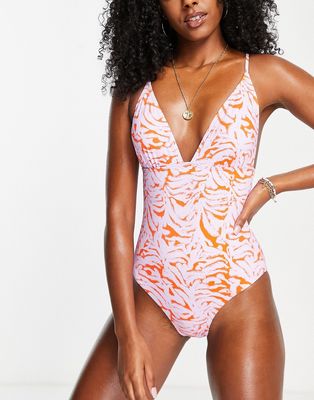 Vero Moda strappy swimsuit in pink and red print
