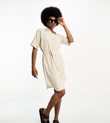 Vero Moda Tall belted linen T-shirt mini dress in stone-Neutral