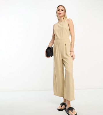 Vero Moda Tall linen touch tie back jumpsuit with pleat front wide leg in beige-White