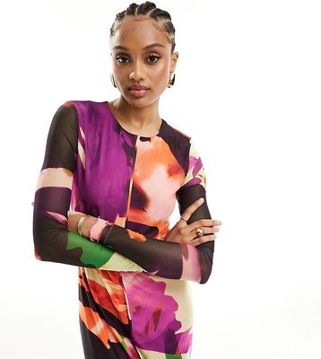 Vero Moda Tall long sleeved lettuce edge mesh dress in abstract print-Multi