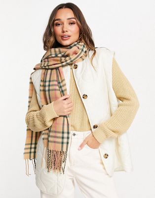 Vero Moda tassel scarf in beige check-Multi