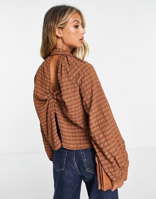 Vero Moda textured blouse with twist open back in brown