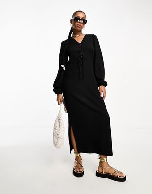 Vero Moda textured long sleeve maxi dress with lace up detail in black