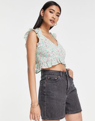 Vero Moda v neck cropped top with frill detail in floral print-Multi
