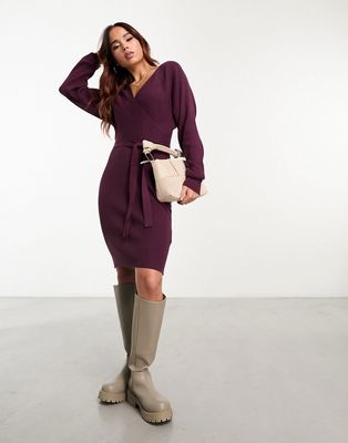 Vero Moda wrap belted long sleeve knitted mini dress in burgundy-Red