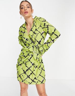 Vero Moda wrap front mini dress in lime splatter check-Green