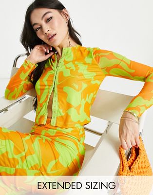 Vero Moda X Joann Van Den Herik mesh long sleeved top with seam detail in orange and lime print - part of a set